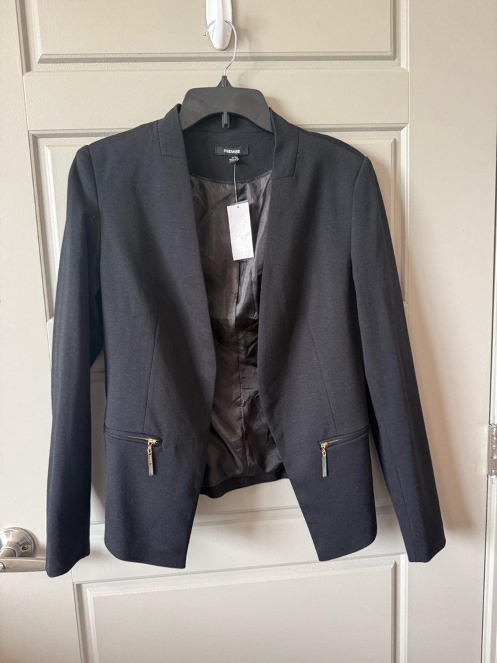 Premise Black Open-Front Blazer with Gold Zipper Accents - Size 4